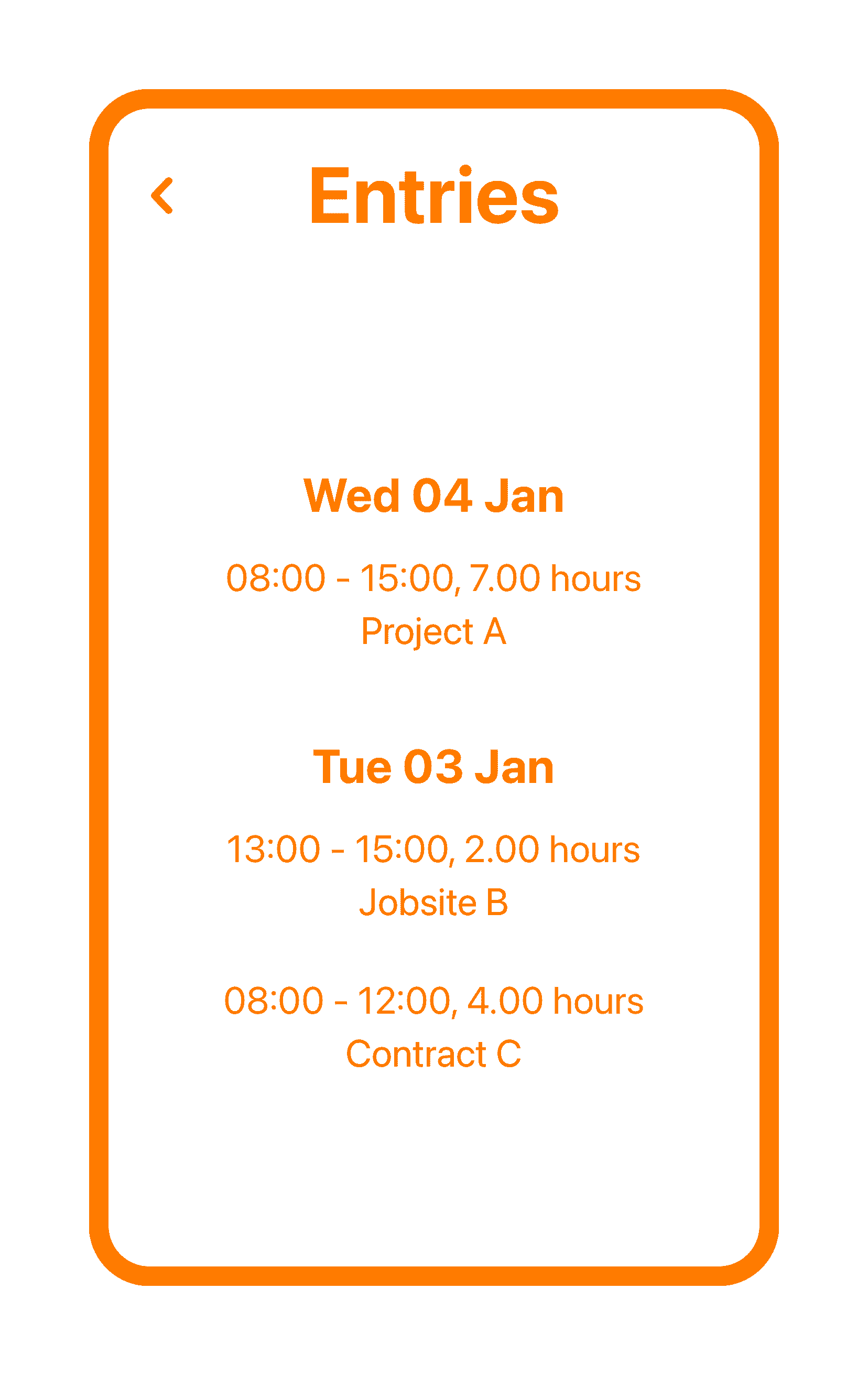Tímavera mobile app screen showing a list of time entries. Time entries are grouped by day and show the time when clocked in and clocked out along with total duration in hours as well as the name of the project.